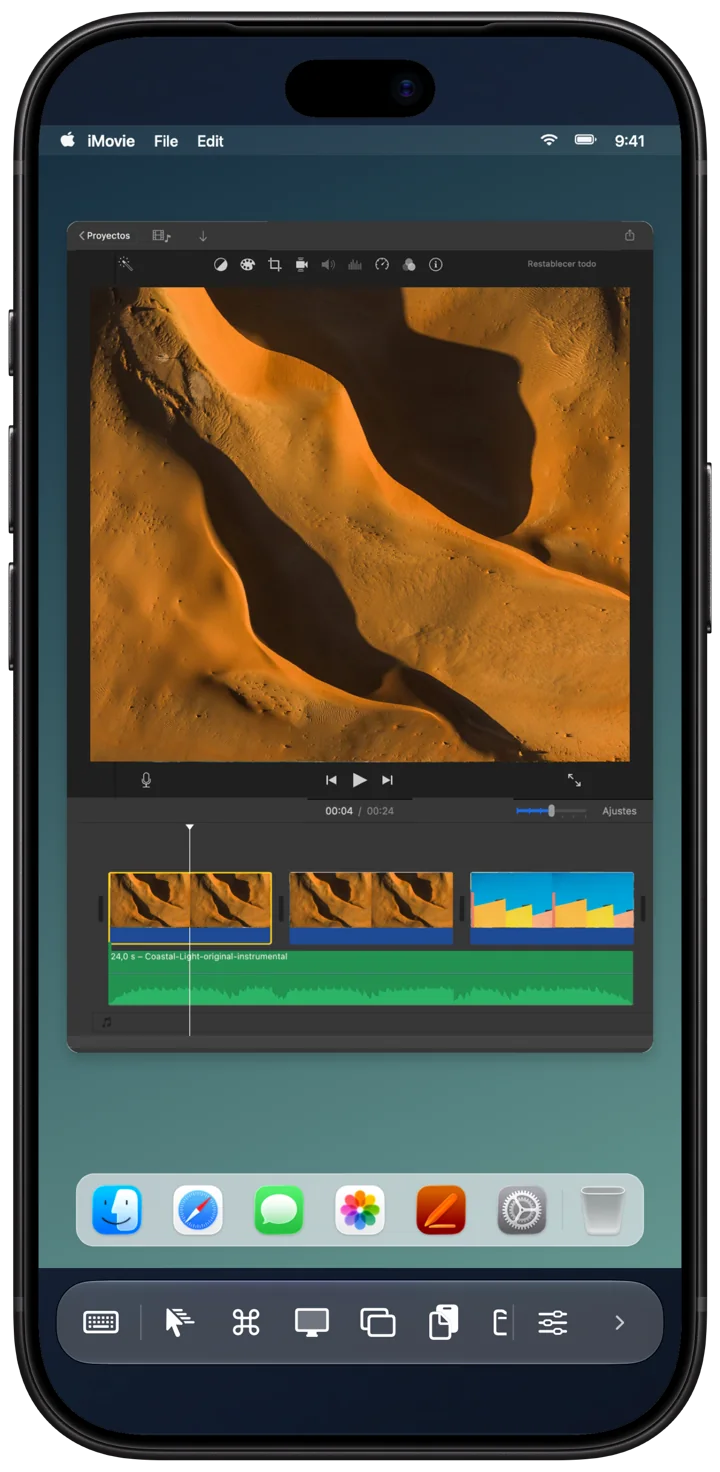 Remoted on iPhone showing a Mac video editing workspace.