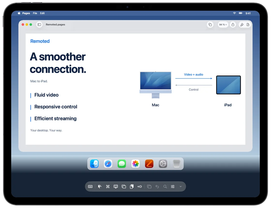 Remoted on iPad showing a Mac desktop with its floating controls.