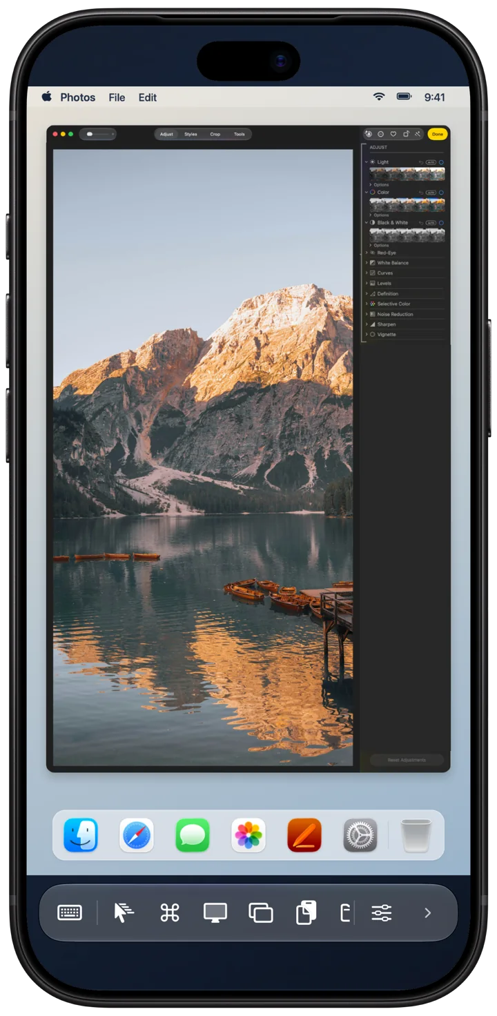 Remoted on iPhone showing a Mac photo editing workspace and session toolbar.